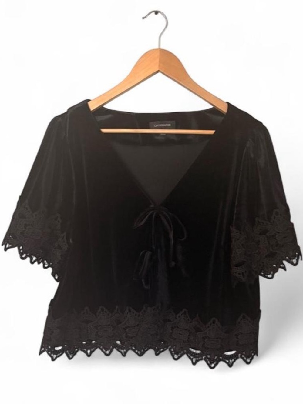 Calligraphie black velvet and gorgeous lace shrug kimono top blouse Whimsigoth L